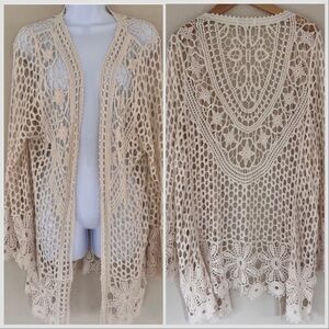 Rebellion Womens Kimono XS Long Cream Floral Crochet Beach Coverup Boho Festival